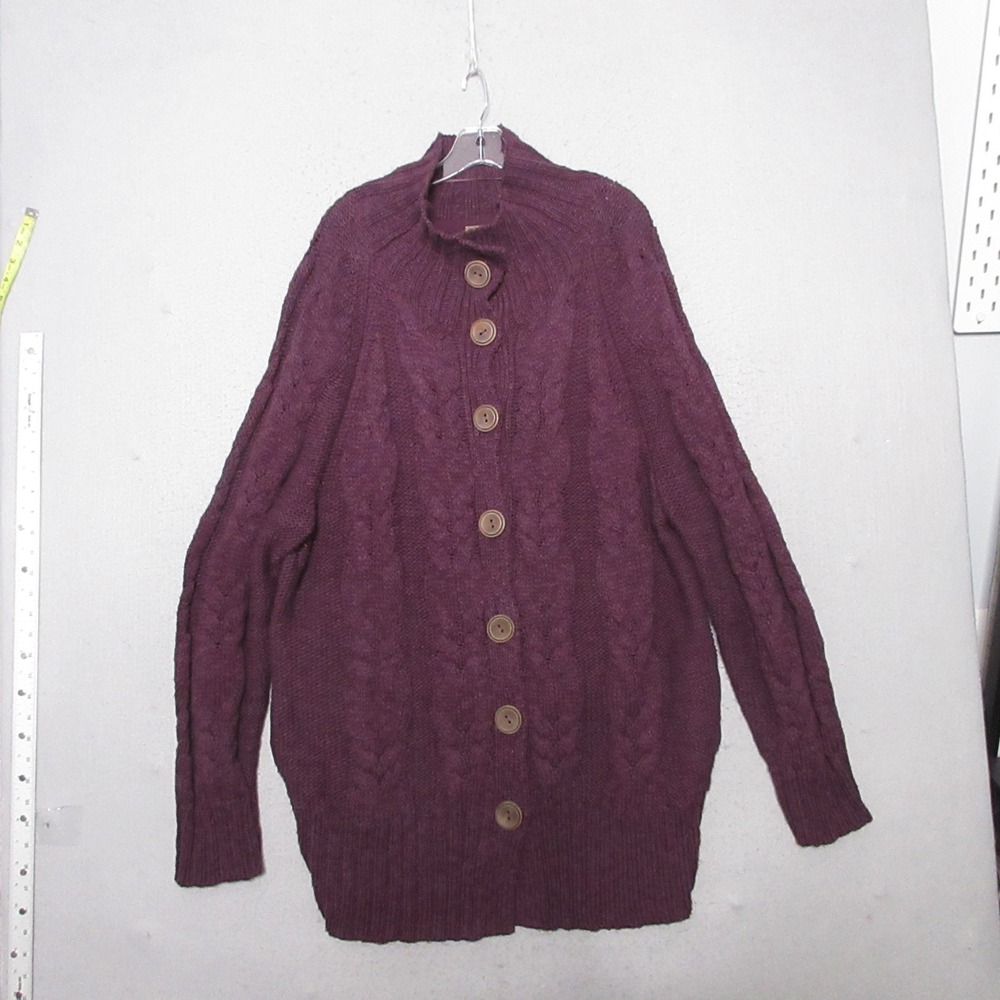 Free‎ People Cardigan L Cable Knit Button Front Purple Boho Chunky Pockets NWT